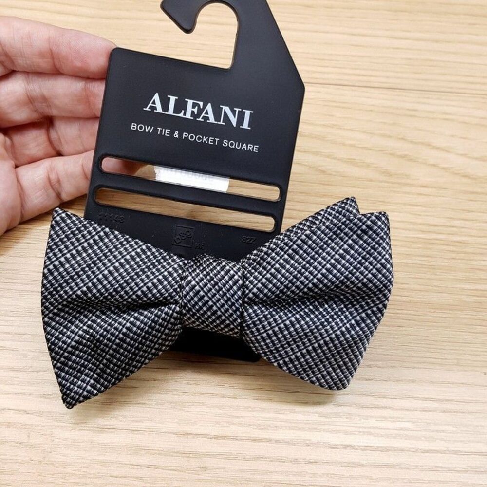 ALFANI Bow Tie Tan Black White Gray Micro Grid Pre-Tied
